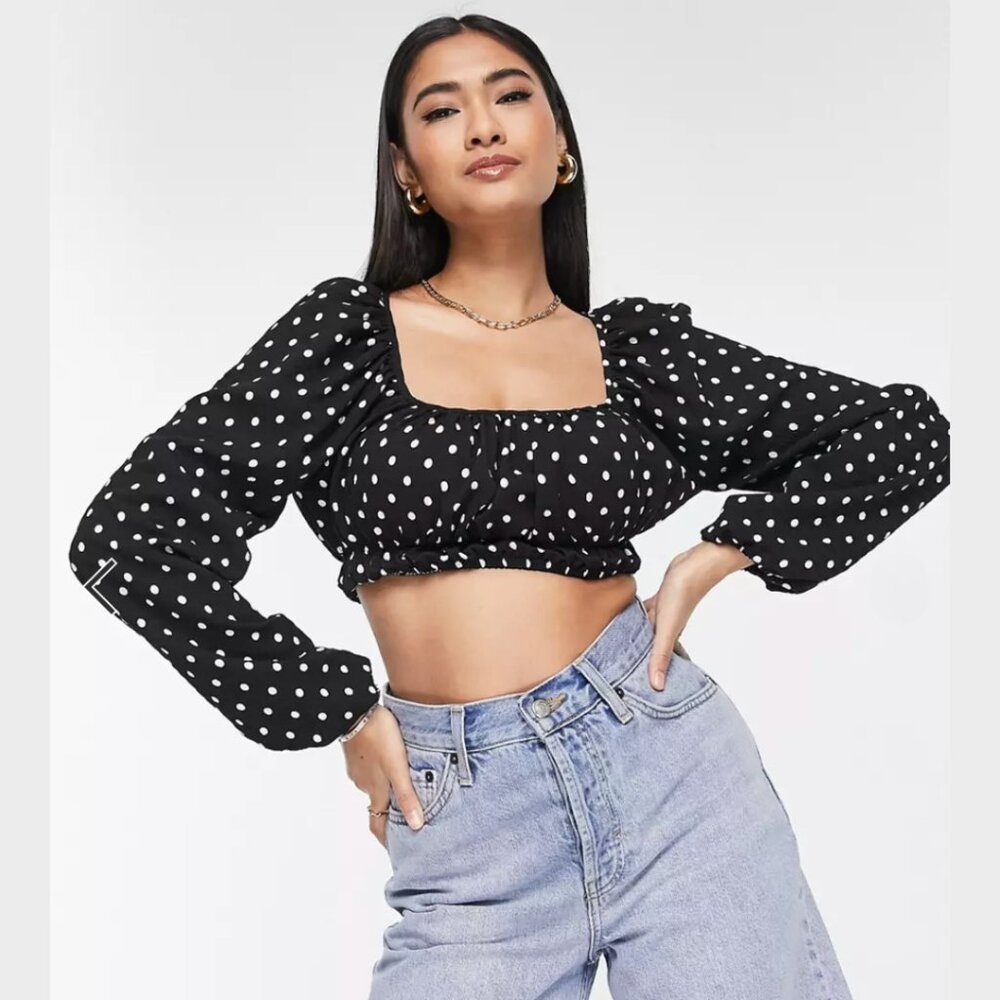 NWOT - ASOS Lola May Cropped Black and White Polka Dot Blouse - Size 4